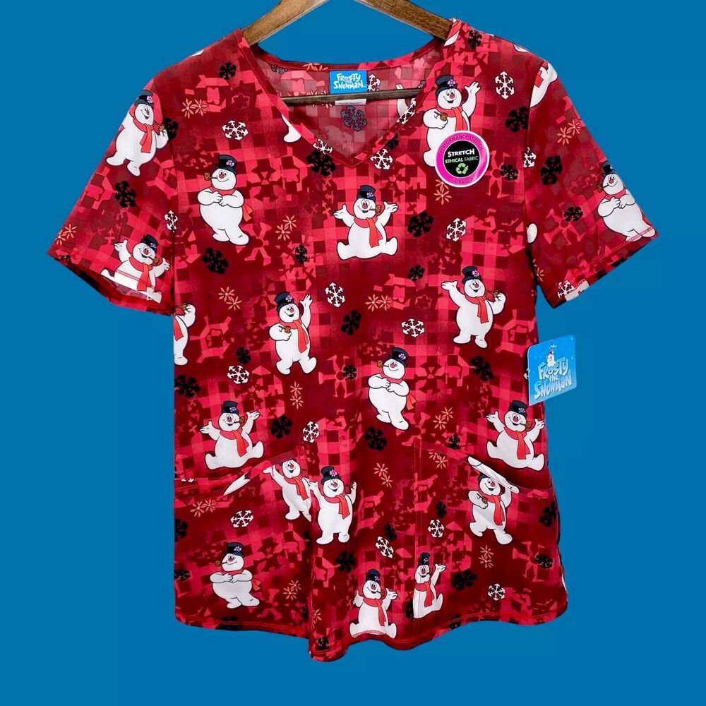 Frosty The Snowman Womens Scrub Top S Red Christmas Pediatrics Nurse Uniform NEW